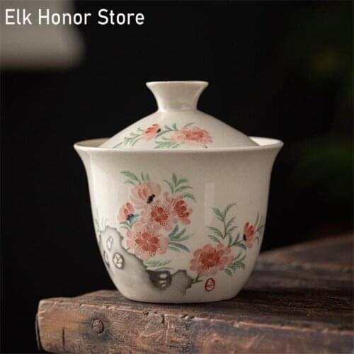 220ml Jade Mud Hand-Painted Plant Gray Ceramic Whiteware Three-Force Cover Bowl Kung Fu Bowl Handmade Ceramic Tea Cup Gaiwan