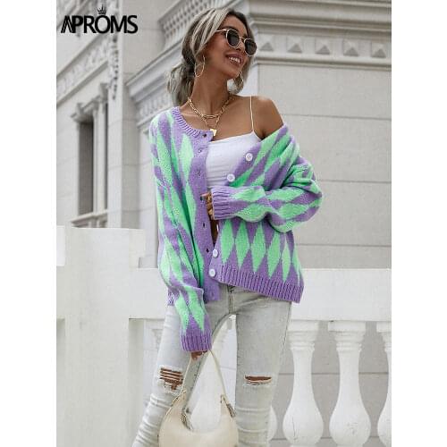 Aproms Vintage Green Purple Plaid Knitted Cardigan Women Winter Oversized Soft Sweater Female High Fashion Outerwear 2021