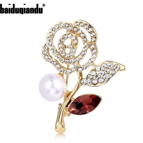 Baiduqiandu Brand New Arrival Simulated Pearl Decorated Rose Flower Brooch Pins for Women
