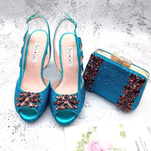 BS1262 Custom Made Women Shoes High Heel Dress Sandals Turquoise Winered Crystal African Women Shoes With Bag Matching Set