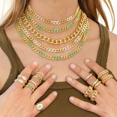 Micro Pave White Green Cubic Zirconia CZ Cuban Link Chain Choker Necklace Gold Color Rock Punk Women Jewelry