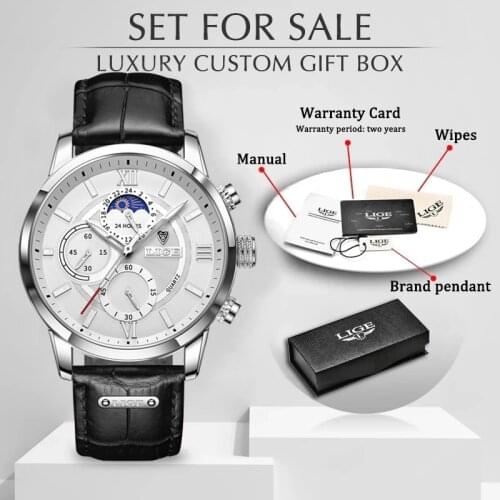 2021 LIGE Watches Mens Top Brand Luxury Clock Casual Leathe 24Hour Moon Phase Men Watch Sport Waterproof Quartz Chronograph+Box