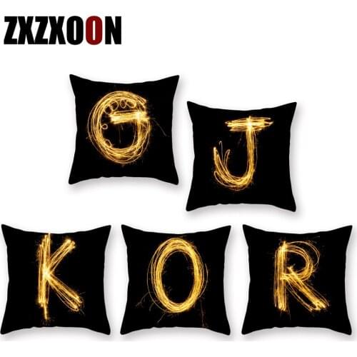 Decorative Throw Pillows Case Polyester Black Gold English Alphabet Sofa Cushion Cover for Living Room Decoration 45x45cm