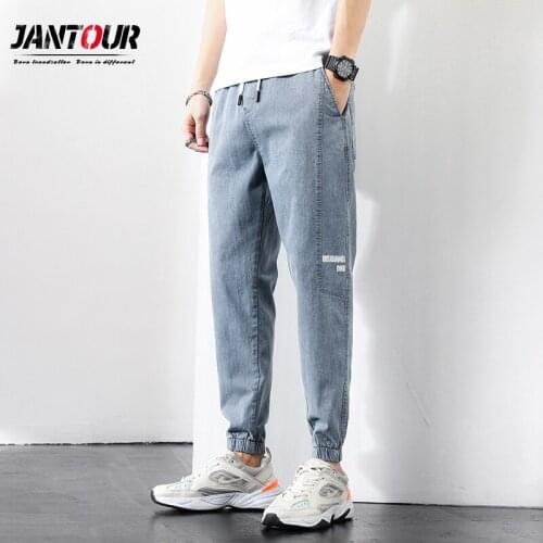 2021 Mens Casual Spring Summer Harlan Denim Cotton Hip Hop Loose Similar jeans Elastic Light blue Waist Jogging Trousers Male