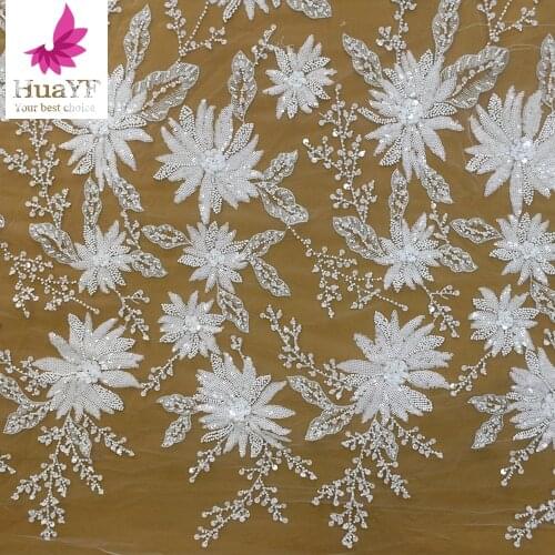 Hot Sale 3d African White Weeding Flower Heavy Beaded Sequis Lace Bridal Dress Fabric HY1552-2