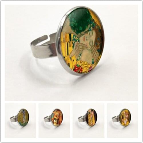 Fashion The Kiss Klimt Cameo Glass Art Picture Ring Photo Handcrafted Jewelry Adjustable Size Rings Gifts For Girls