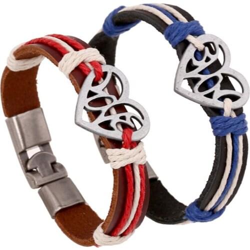 Fashion Heart Alloy Charm Bracelet Cuff Genuine Leather Lovers Retro Chain Bangle Vintage Love Wristbands Men Women Jewelry Gift