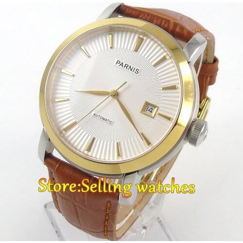 41mm Parnis white dial golden bezel Sapphire Glass Automatic mens Watch