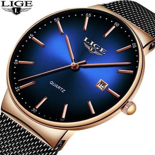 2019 LIGE Cool Date Dial Mens Watches Top Brand Luxury Fashion Ultra-Thin Mesh Belt Watch For Men Simple Waterproof Quartz Clock