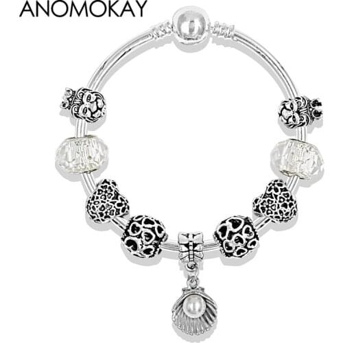 2019 New Silver Color Shell Pendant Fashion Bead Bracelet Diy Heart Lion Charm Bracelet & Bangle for Women Wedding Jewelry Gift