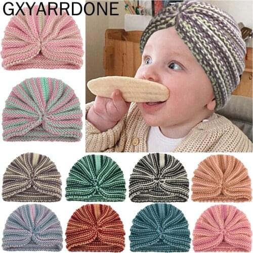 2021 New Wool Crochet Knit Turban Hat Infant Toddler Striped Head Wraps Newborn Bonnet Beanies Caps for Baby Girls Boys Caps