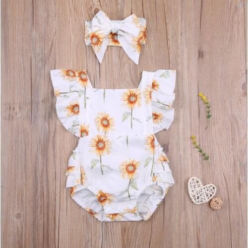 Baby Girls Outfit Infant Summer Creative Sunflower Printing Fly Sleeve Suspender Romper Bow Headwear Baby Bodysuits