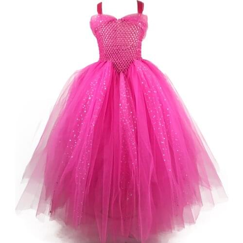 Girls Pink Glitter Tulle Tutu Dress Kids Crochet Evening Strap Dress Ball Gown Children Party Banquet Costumes Sparkle Dresses