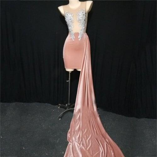 Pink Gold Velvet Stitching Transparent Elastic Rhinestone Dress Stage Costume Trailing Dress Women Gogo Dance Costumes DN8662