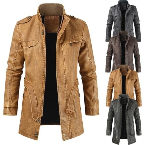 Heavy Mens Thick Fleece Leather Jacket Outwear Vintage Steampunk Biker Long Coat Pu Leather Clothing European American 2020 New