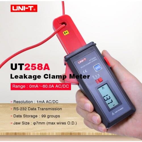 UNI-T UT258A AC/DC Leakage Clamp Meter 10000-count auto range Leakage current Tester RS-232 Data Transmission/Hold/Storage