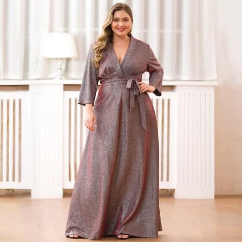 Pius Size V-Neck Long Sleeve Evening Dress Long Sleeve Gown