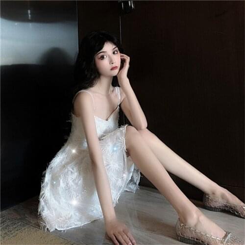 Vestido De Mujer 2021 Summer New White Sling Short Dress Sexy Lace V-Neck Sleeveless High Waist Commuter Zipper Robe Femme J066