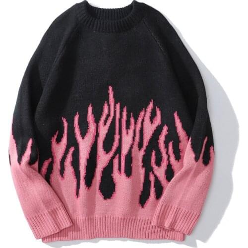Japanese Harajuku Knitted Flame Sweater for Men and Women Cute Oversized Streetwear Hip Hop Pink Blue Flame Pullover Jumper