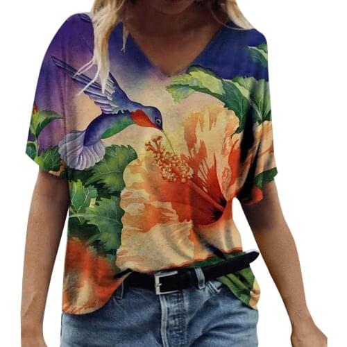Women Print V-neck T-shirt Casual Short Sleeve Harajuku Tops Street Style Oversize Tee Shirts Camisetas Mujer Verano #T1Q