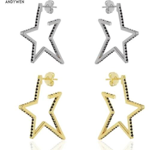 Andywen 100% 925 Sterling Silver Gold Big Star Black Zircon CZ Crystal Hoops Women 2020 Rock Punk Circle Round Piercing Ohrringe