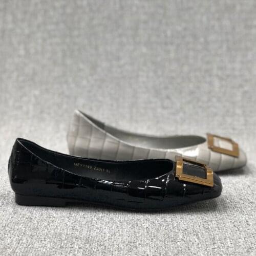 Womens shoes 2021 new European lacquer leather stone pattern square buckle low heel head single shoes zapatos de mujer