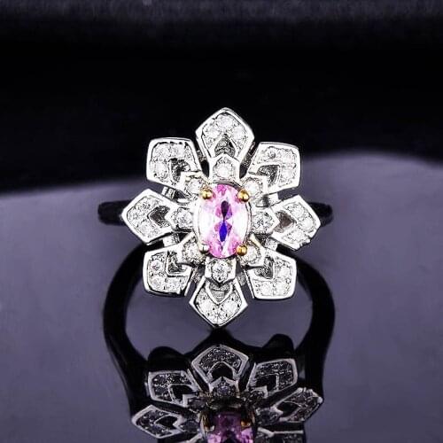 QTT Sterling Silver 925 Womens Ring Pink Zircon Flower Elegant Resizable Rings for Ladies Wedding Engagement Jewelry