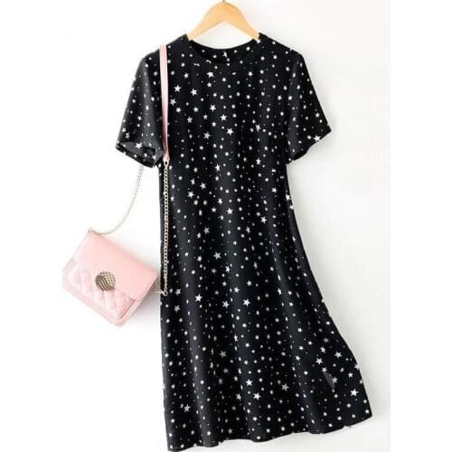 SURUFENG Vintage Star Print Lady 2021 Summer Chiffon Black Dress Fashion Casual Loose Knee-Length Dress Women A-Line Vestidos