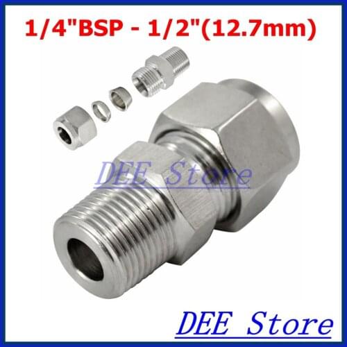 2PCS 1/4"BSP x 1/2"(12.7mm) Double Ferrule Tube Pipe Fittings Threaded Male Connector Stainless Steel SS 304 New Good Quality
