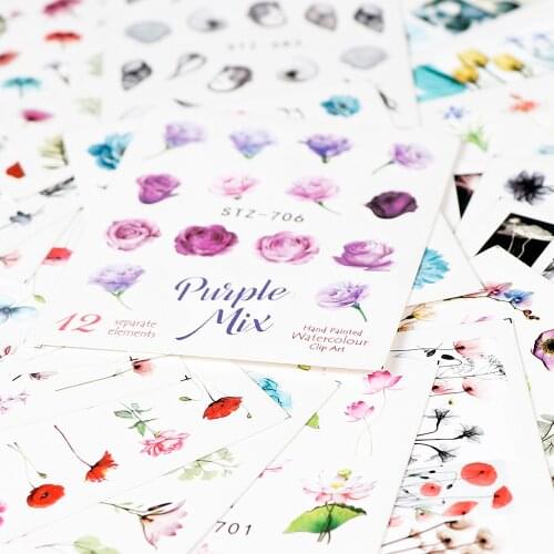 24 Sheets Water Transfer Nail Sticker Colorful Watercolor Flower Series Nail Sticker DIY Decoration For Beauty Nail Tool