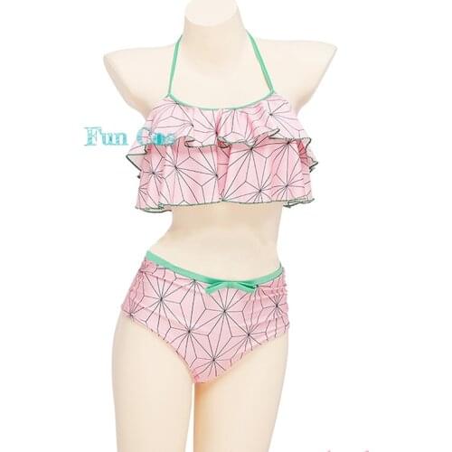 Kamado Bikini Nezuko Anime Demon Slayer Cosplay Costume with Hairpin Sexy Beach Swimsuit Set Swimwear Bathing Suit Woman Girl