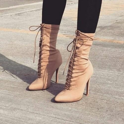 Plus Size 10 Beige Stretch Lace-up Ankle Boots Pointed Toe Thin Heels Short Bootie Cut-out Gladiator Heels Ridding Boots