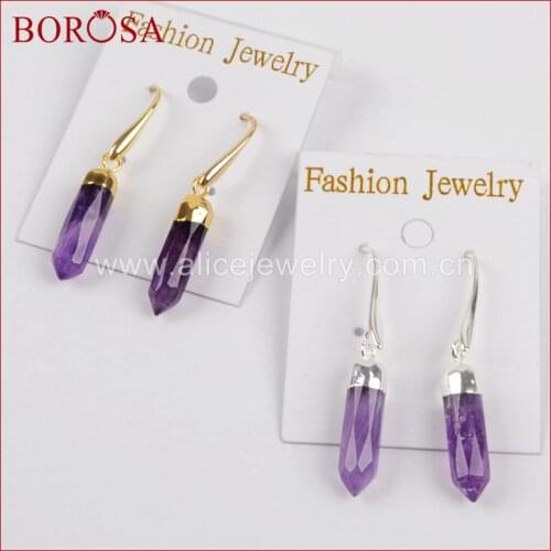 BOROSA Natural Purple Crystal Faceted Point Druzy Earrings, Gold Color Druzy Crystal Dangle Drop Earrings for Women 1354