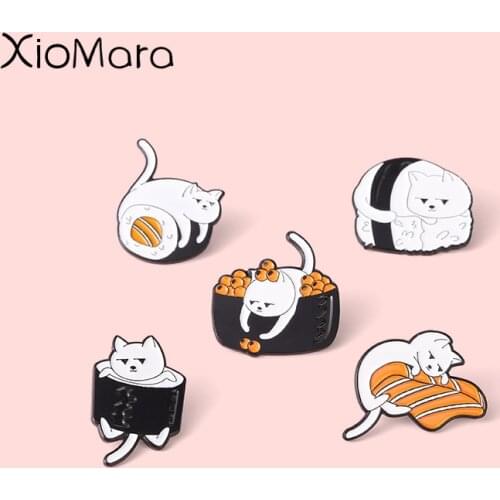 Kawaii Lazy Cat Food Enamel Pins Sushi Food Brooches Collection Bags Clothes Lapel Badge Jewelry Gifts For Kid Friends Wholesale