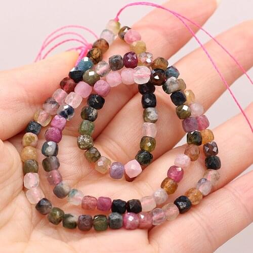Square Tourmaline Beads 4mm Natural Gemstone Faceted Loose Spacer Beads for Jewelry Accessory Making DIY Bracelet Necklace 14