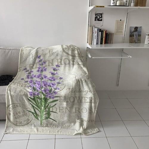 Purple Flowers Lavender Vintage Postcard Throw Blanket Portable Soft Bedspread Microfiber Flannel Blankets for Beds