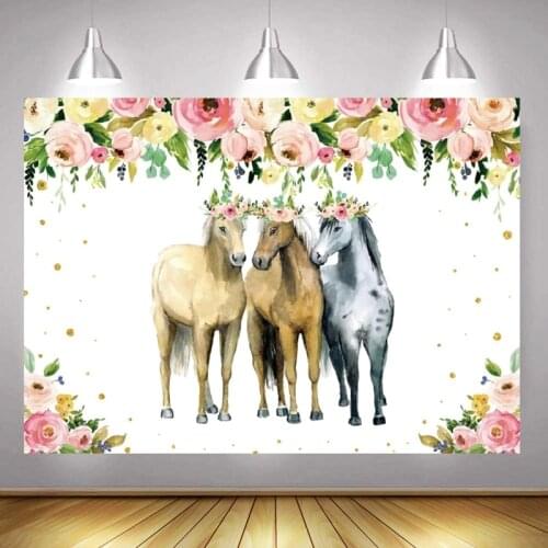 Horse Happy Birthday Party Photo Backdrop Custom Boys Girls Flower Cowboy Cowgirls Decoration Photography Backgrounds Banner