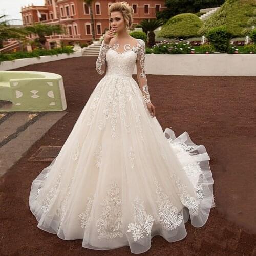 Classic A-Line Wedding Dress 2021 High Quality Chapel Train Organza Appliques Lace Long Sleeves Bridal Gowns