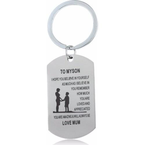Mom Mum Love To Son Stainless Steel Keychain Son Family Inspirational Gifts Believe In Yourself Dog Tag Pendants Keyring Keyfob