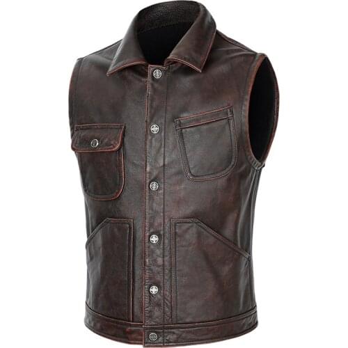 Mens Vintage Real Leather Motorcycle Biker Vest Genuine Cowhide Leather Sleeveless Jacket Brown Slim Fit Safari Style Waistcoat