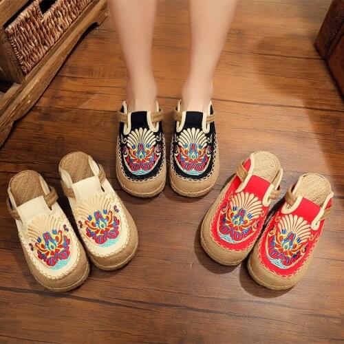 2021 Women Casual Linen Handmade Embroidery Mules Flat Slippers Retro Vegan Summer Ladies Canvas Comfortable Espadrille Shoes