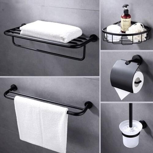 5-Piece Bathroom Hardware Set Towel Hook Towel Bar Toilet Paper Holder Toilet brush bathroom basket, Stainless Steel , Black