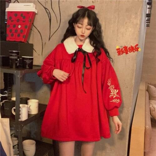 New year red dress chinese style embroidered sweet plus velvet thick puff sleeve round neck doll dress female spring