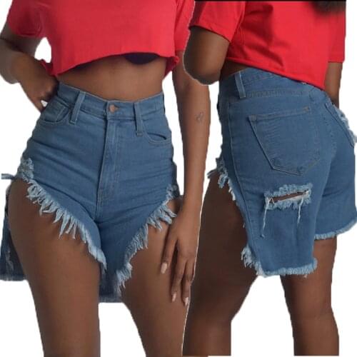 New Women Sexy High Waist Denim Tassel Ripped Hole Jeans Distressed Cutoff Shorts