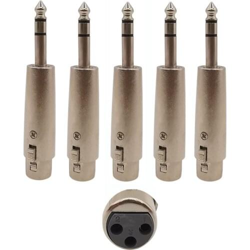 5Pcs 3Pin XLR Female to 6.35mm Male Plug Connector Dual Channel Stereo Video Audio Microphone Socket Adapter for Speaker Mic