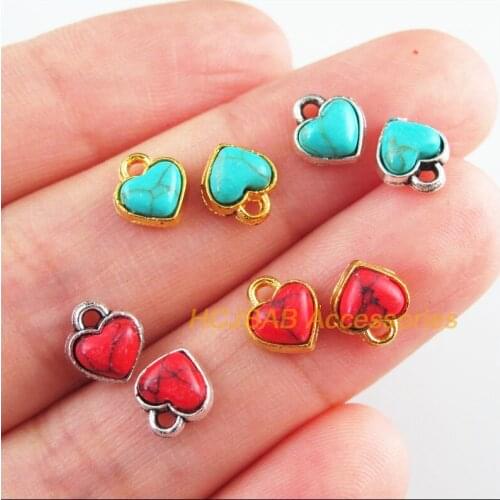 20Pcs Retro Gold Color Tibetan Silver Tone Tiny Heart Blue&Red Stone Charms Pendants 7x8mm