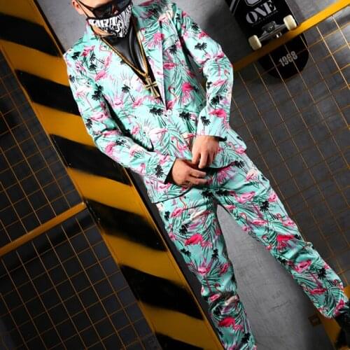 Casual Suits Masculino Men Slim Fit Blazer Green Flower Print Suit Long Jacket Nightclub Stage Singer DJ Heren Colberts