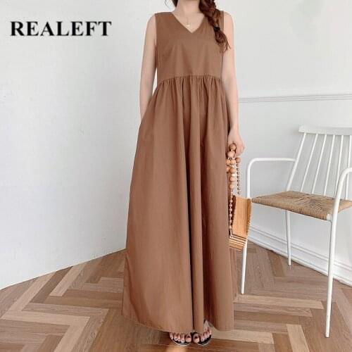 REALEFT Summer 2021 New Boho Sleeveless Oversize Womens Dresses High Waist V-Neck Female Loose Tank Long A-Line Dress Pocket