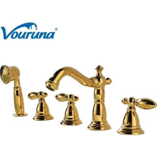 VOURUNA Luxurious Golden 5pcs Shower Bath Mixer Tap with Hand shower Solid Brass Bathtub Filler