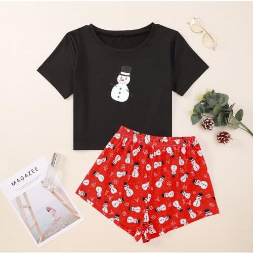 Xmas Women 2-piece Outfit Set Christmas Cartoon Snowman Print T-shirt + Elastic waist Shorts Women Sets Loungewear home clothes